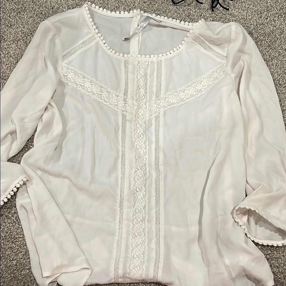 LC Lauren Conrad Cream Pleated Bib Collar Blouse